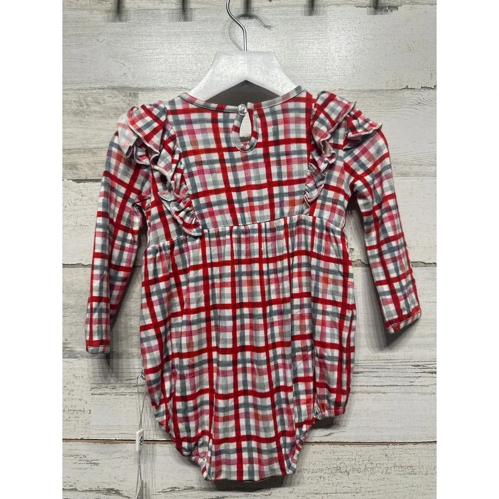 Birdie Bean Romper Girls 6-12M Red Plaid Ruffle Bamboo Viscose NWT